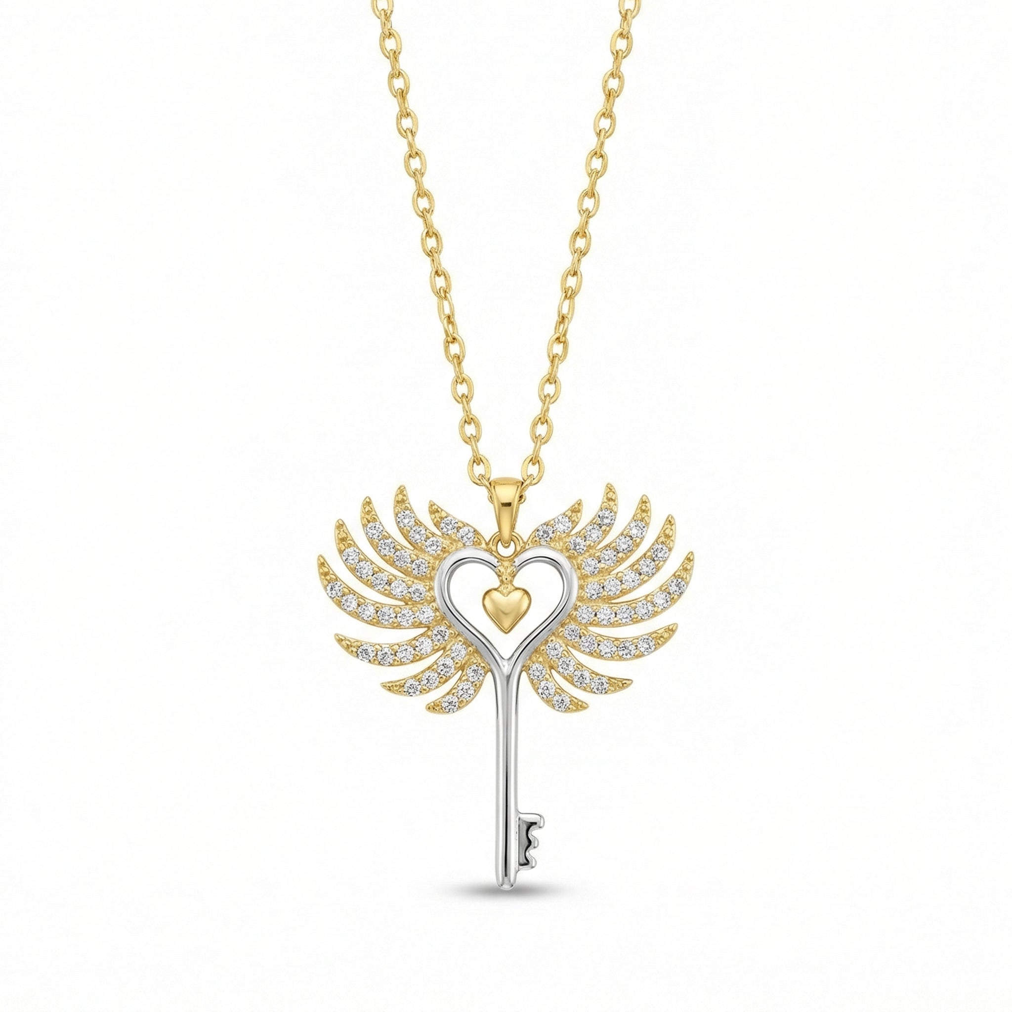 The Celestial Two-Tone Winged Key Necklace 18K Yellow Gold