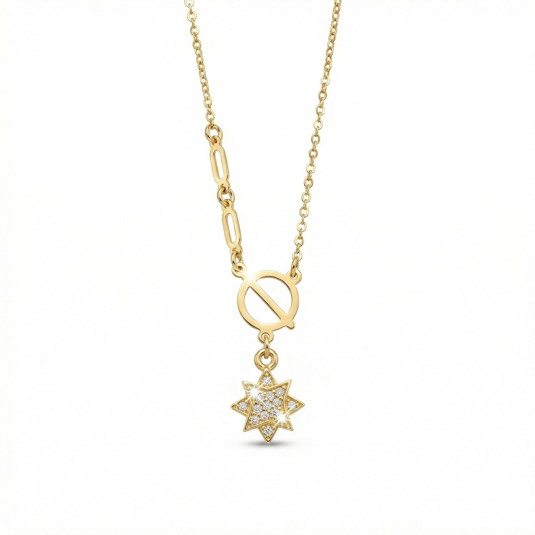 Gold necklace with a star-shaped pendant on a white background