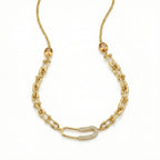 Gold chain necklace with a unique clasp on a white background