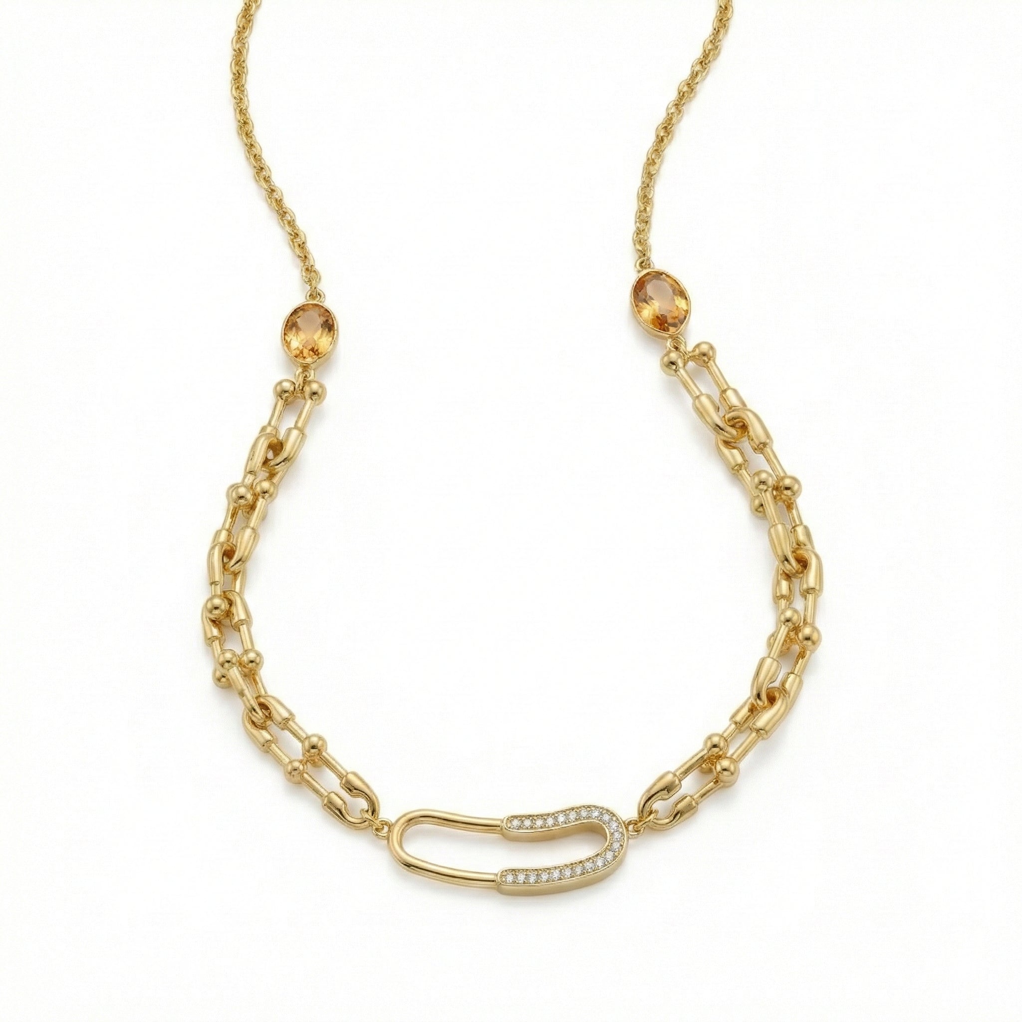 Gold chain necklace with a unique clasp on a white background