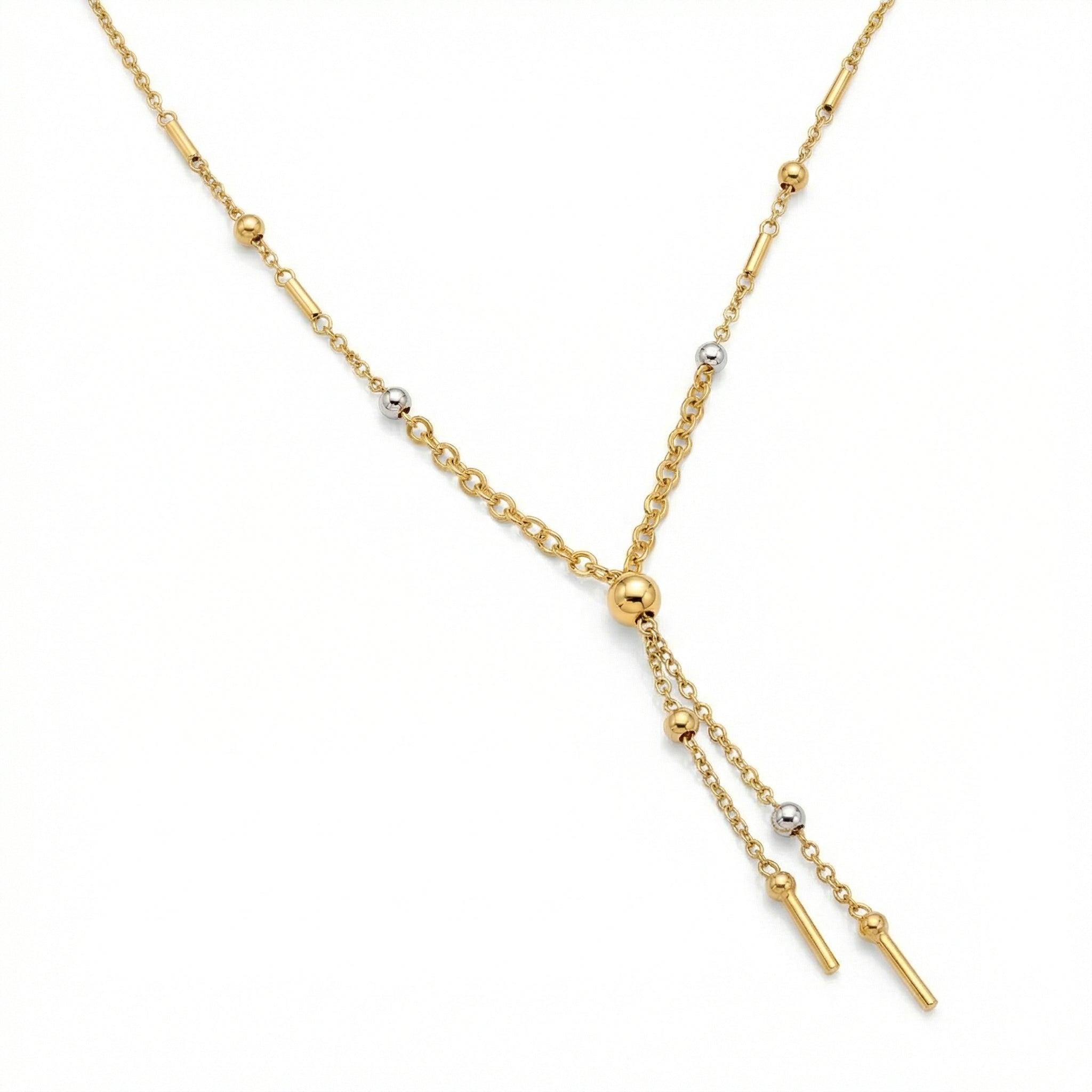 Gold necklace with small beads and bars on a white background