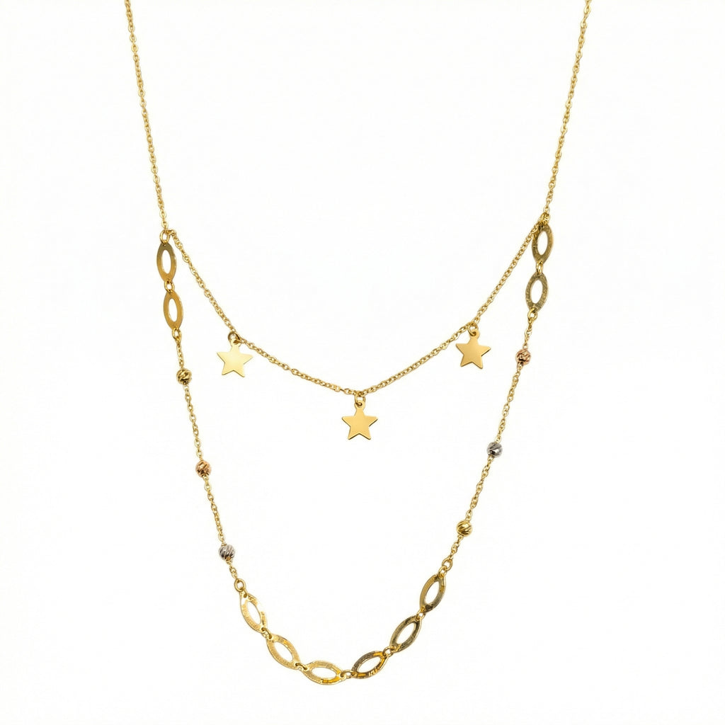 Gold necklace with star pendants on a white background