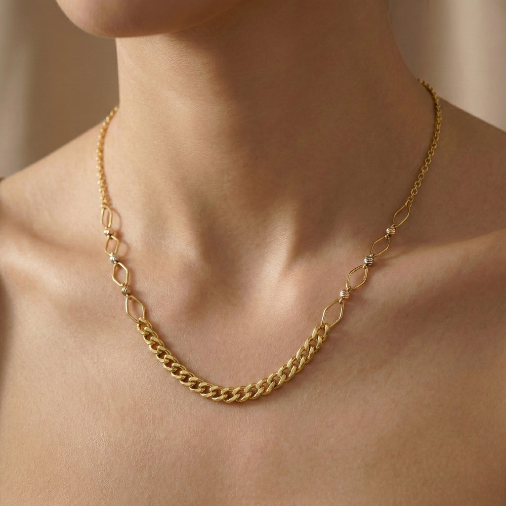 Gold chain necklace on a person's neck with a neutral background