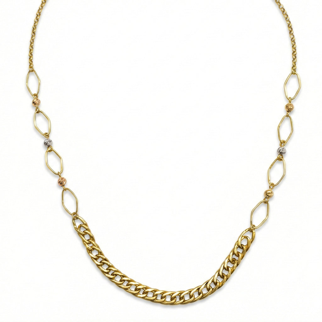 Gold chain necklace with a white background