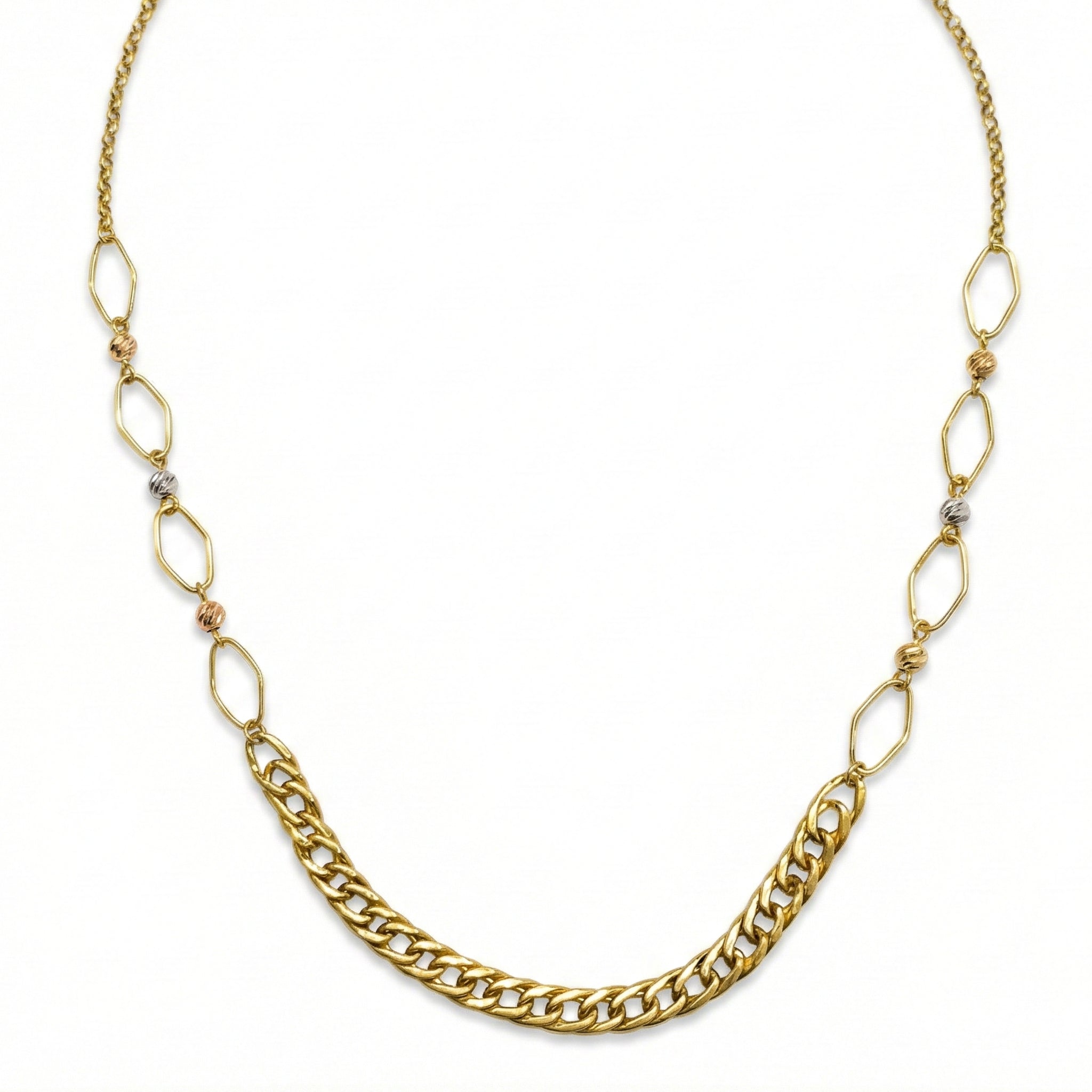 Gold chain necklace with a white background