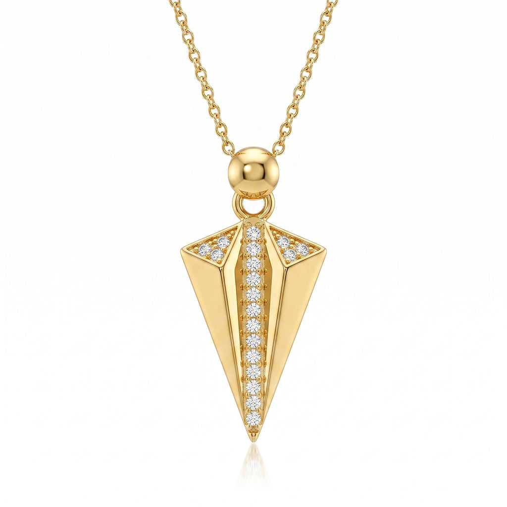 King gold 18k yellow gold geometric pendant necklace featuring a smooth finish and central pave stones on a pure white background, weighing 2.78 gm.
قلادة هندسية من كينج جولد (King gold) من الذهب الأصفر عيار 18 تتميز بلمسة ناعمة وفصوص مرصعة في المنتصف على خلفية بيضاء نقية، بوزن 2.78 جرام.