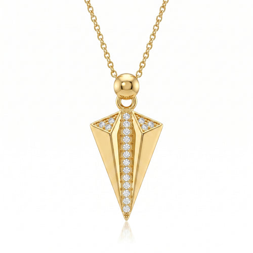 King gold 18k yellow gold geometric pendant necklace featuring a smooth finish and central pave stones on a pure white background, weighing 2.78 gm.
قلادة هندسية من كينج جولد (King gold) من الذهب الأصفر عيار 18 تتميز بلمسة ناعمة وفصوص مرصعة في المنتصف على خلفية بيضاء نقية، بوزن 2.78 جرام.