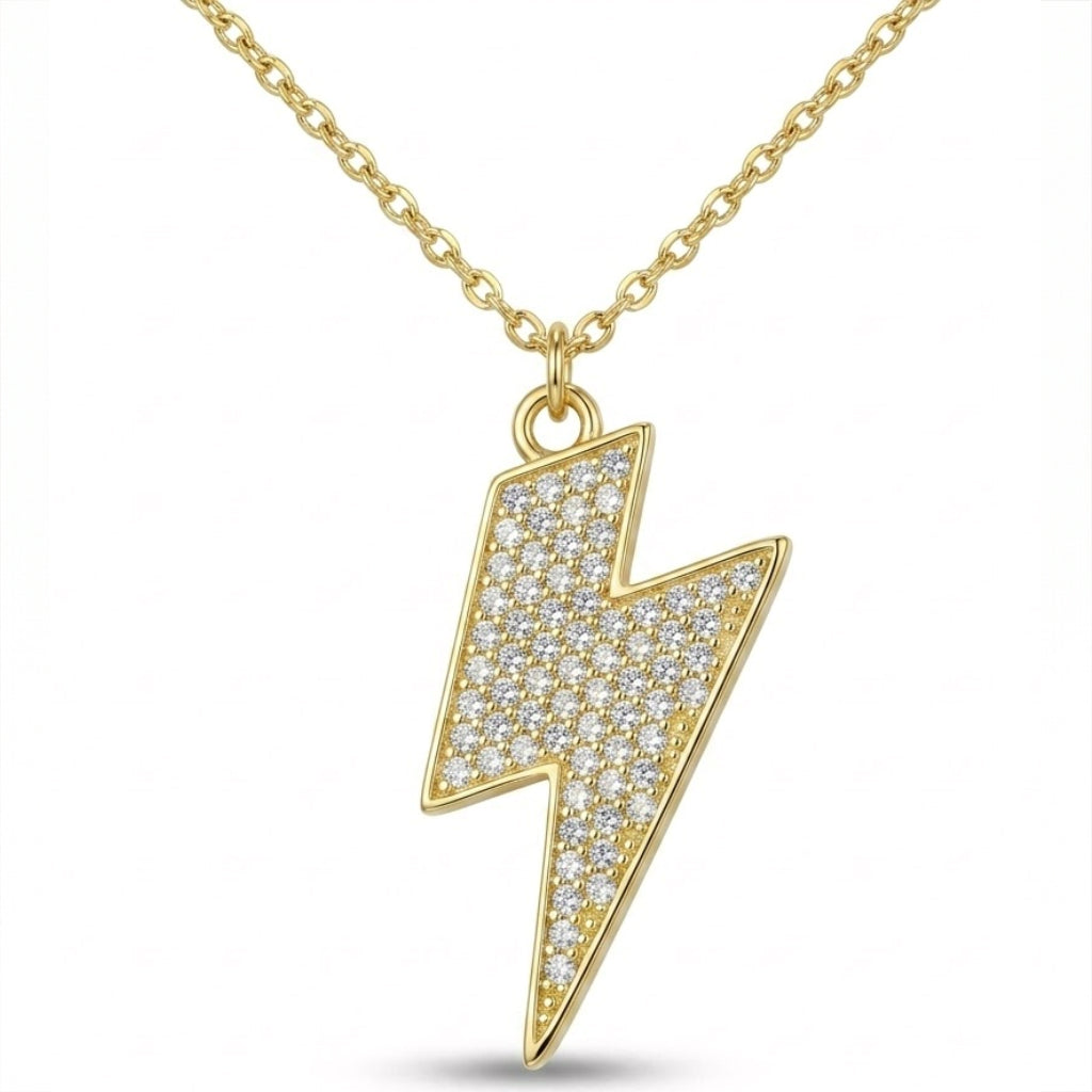 ine gold 18k yellow gold fully pave lightning bolt pendant necklace on a pure white background, weighing 2.47 gm.
قلادة فاين جولد (Fine gold) من الذهب الأصفر عيار 18 بتصميم صاعقة البرق مرصعة بالكامل بالفصوص على خلفية بيضاء نقية، بوزن 2.47 جرام.