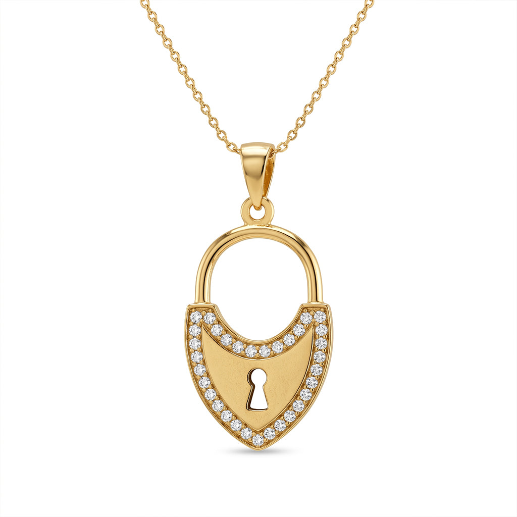 King gold 18k yellow gold lock pendant necklace weighing 3.11 gm, featuring a heart-shaped padlock design with sparkling accent stones on a pure white background.
قلادة ذهب عيار 18 من كينج جولد (King gold) بوزن 3.11 جرام، بتصميم قفل على شكل قلب مرصع بفصوص لامعة على خلفية بيضاء نقية.