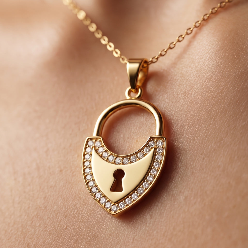 Extreme close-up of a King gold 18k yellow gold padlock pendant weighing 3.11 gm resting on a model's glowing skin, highlighting fine sparkling stones and premium craftsmanship.
لقطة مقربة جداً لقلادة قفل من كينج جولد (King gold) من الذهب الأصفر عيار 18 بوزن 3.11 جرام تستقر على بشرة العارضة، تبرز دقة التفاصيل ولمعان الفصوص والحرفية العالية.