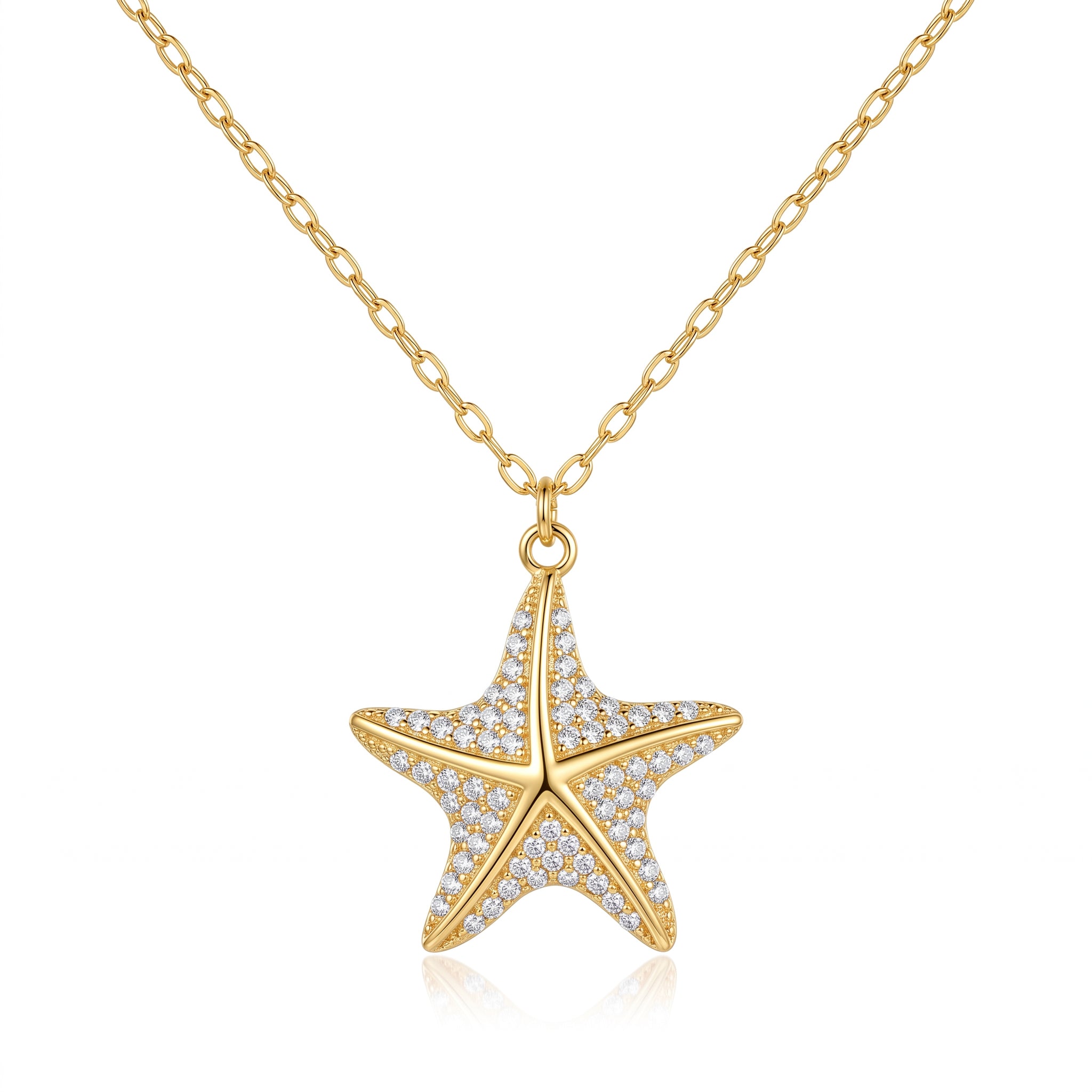 18k yellow gold starfish pendant necklace by Remas Gold featuring delicate pave detailing against a pure white background.
سلسلة دهب عيار 18 بدلاية نجمة البحر من ريماس جولد بتفاصيل فصوص لامعة على خلفية بيضاء نقية.