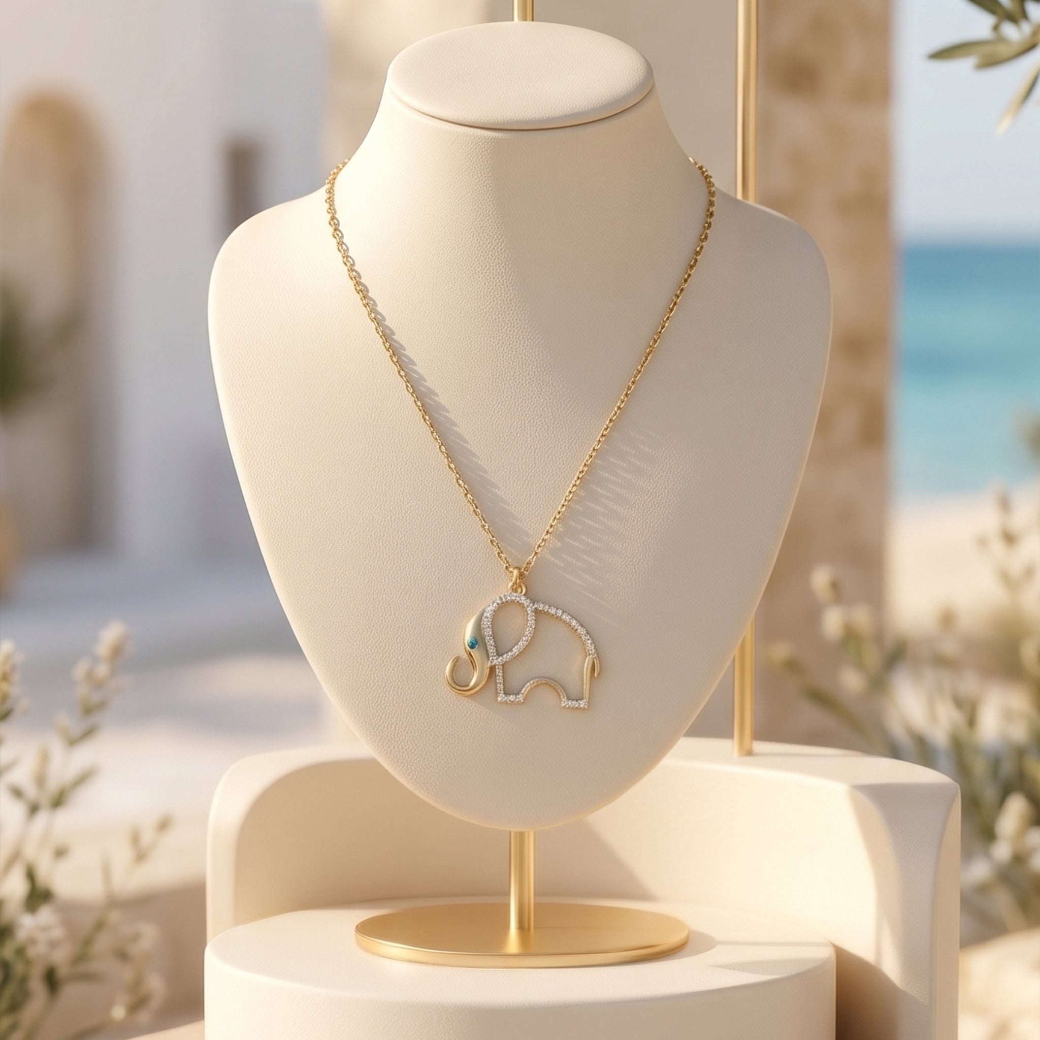 A gold elephant pendant necklace with diamond accents and a turquoise eye, displayed on a cream-colored jewelry bust. The background features a sunny, Mediterranean-style patio with arches, olive branches, and a soft-focus view of the blue ocean.
قلادة ذهبية بدلاية على شكل فيل مزينة بقطع من الألماس وعين تركوازية، معروضة على تمثال نصفي للمجوهرات بلون كريمي. تظهر في الخلفية شرفة مشمسة على طراز البحر الأبيض المتوسط مع أقواس، وأوراق زيتون، وإطلالة ناعمة للمحيط الأزرق.