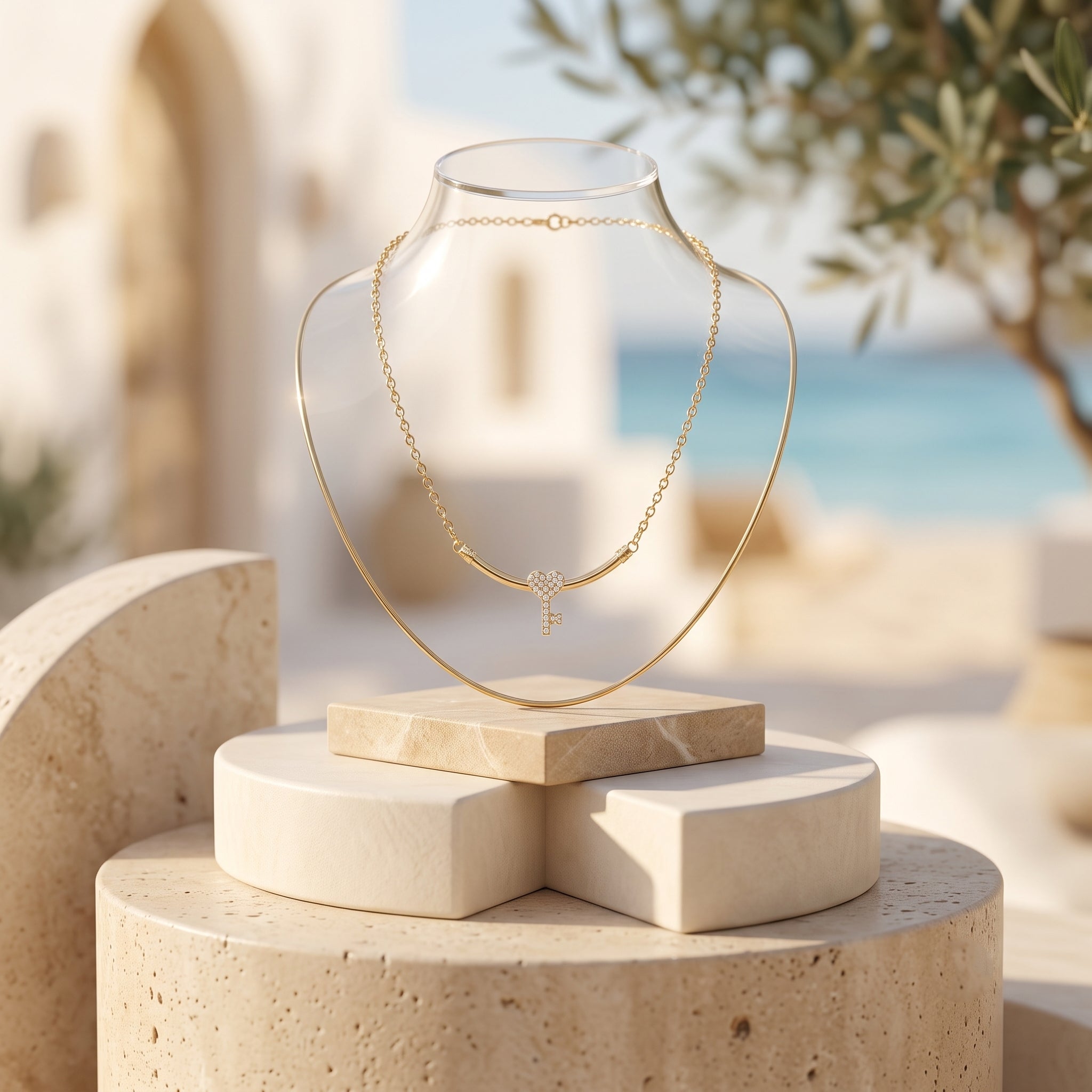 Remas Gold 18k yellow gold necklace with a heart key pendant displayed on a premium travertine stone pedestal against a bright summer coastal background.
عرض فخم لسلسلة ريماس جولد عيار 18 بدلاية مفتاح على حامل من حجر الترافرتين مع خلفية ساحلية صيفية هادية.