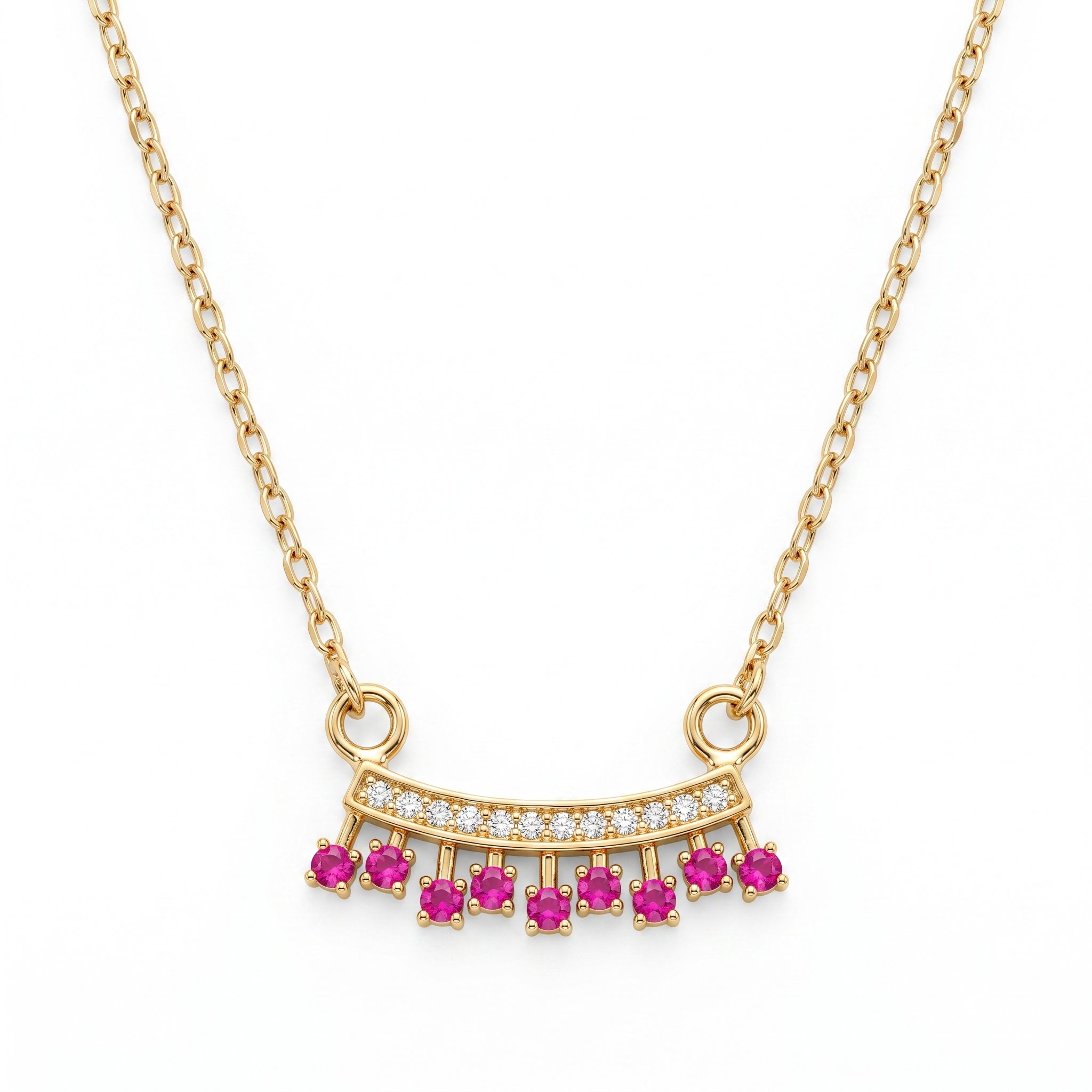 18K gold fringe necklace with clear pavé stones and seven vibrant fuchsia pink gemstones laid flat on a white marble surface.
سلسلة ذهب عيار ١٨ مع دلاية بأحجار شفافة بريليانت و٧ أحجار فوشيا بينك زاهية، معروضة بشكل مسطح على سطح رخام أبيض.