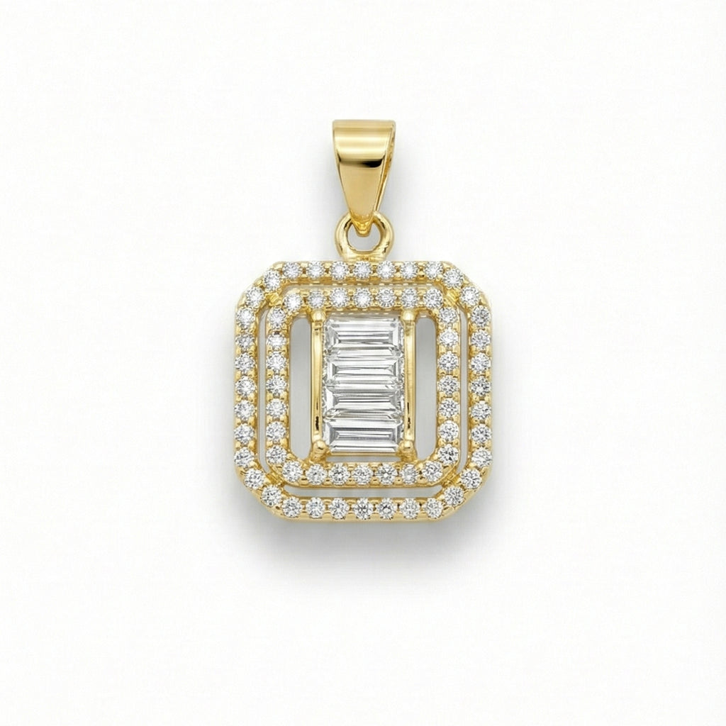 Rectangular Pendant - Baguette & Double Halo Setting in 18K Yellow Gold