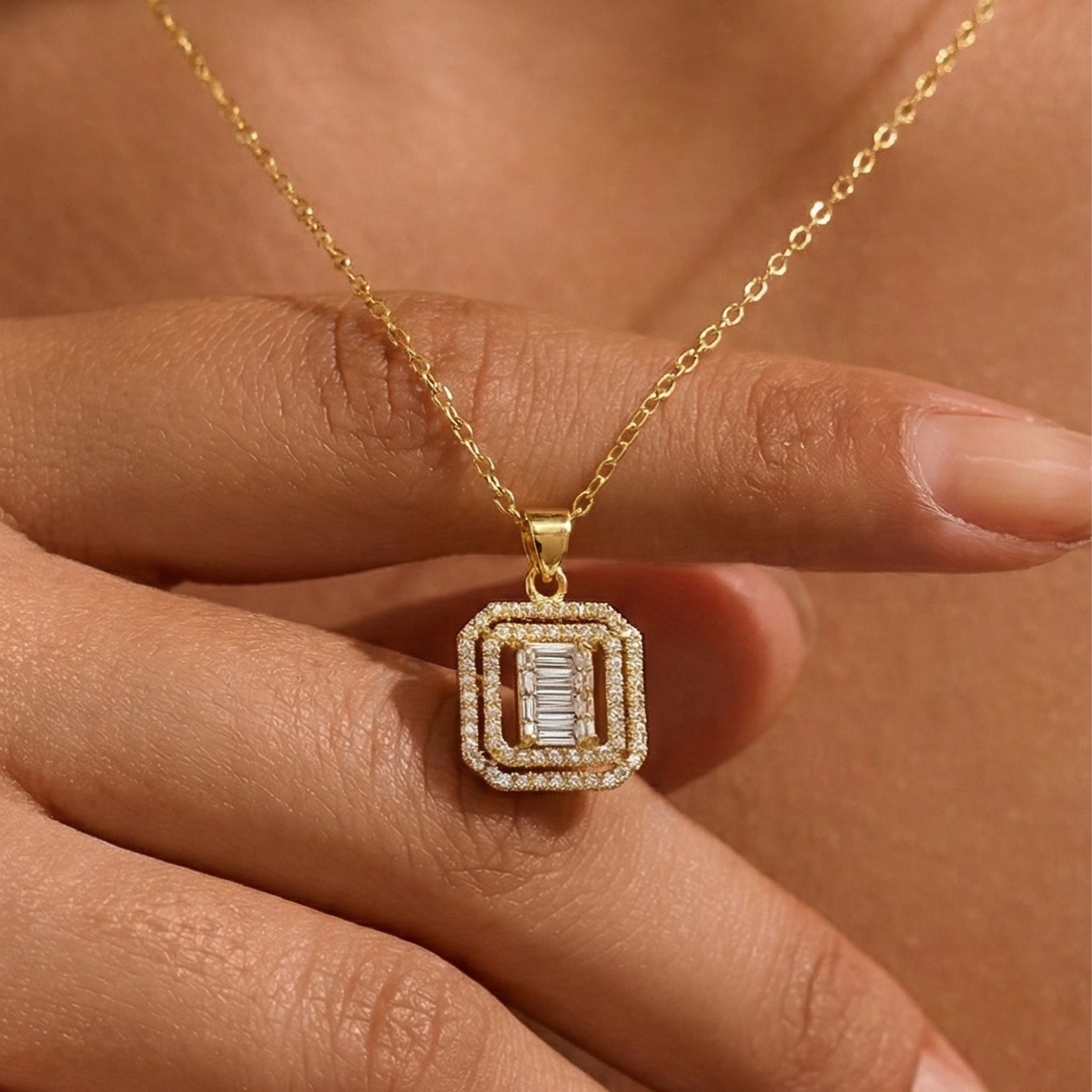Rectangular Pendant - Baguette & Double Halo Setting in 18K Yellow Gold