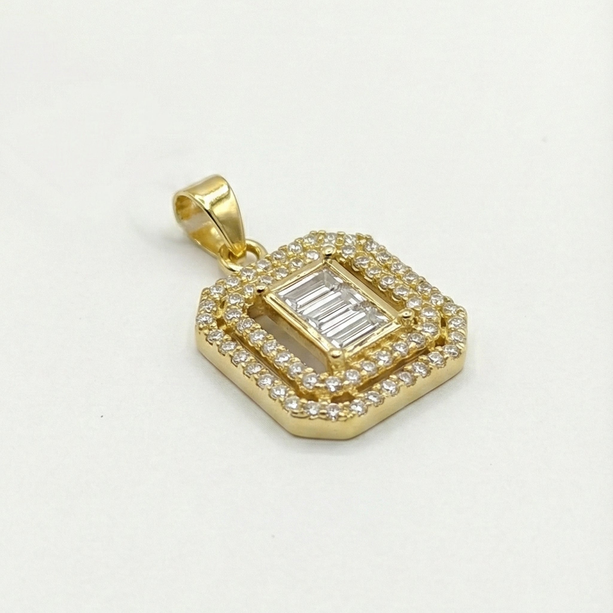 Rectangular Pendant - Baguette & Double Halo Setting in 18K Yellow Gold