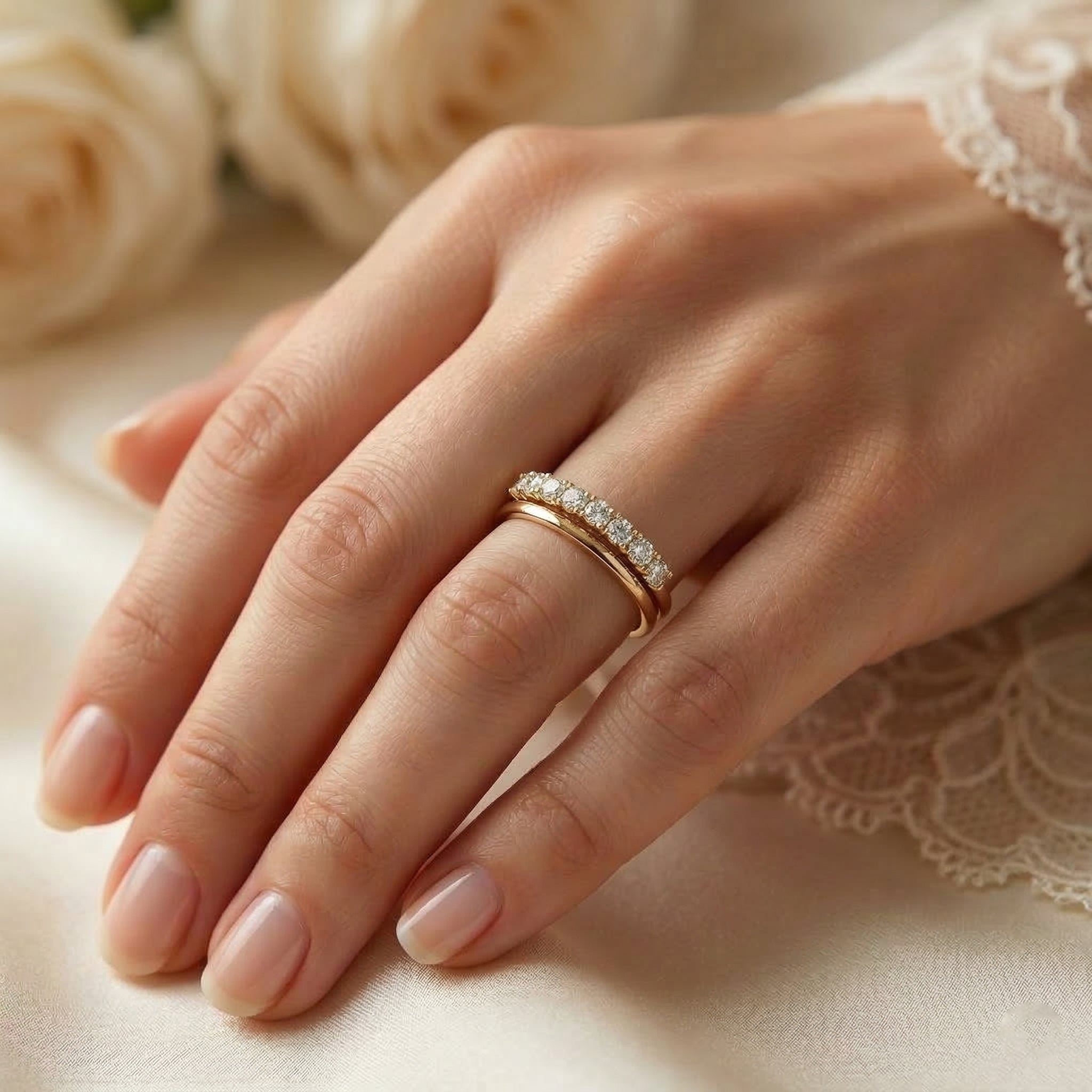 A woman's hand wearing the delicate Fine Gold 18k yellow gold wedding promise ring from The Forever Edit category, elegantly stacked with a classic gold band against a soft bridal background.