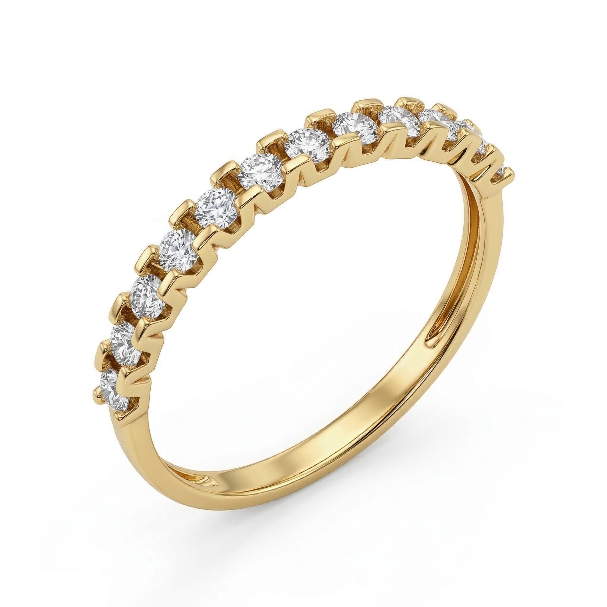 Front view of a Fine Gold 18k yellow gold wedding promise ring lying flat on a pure white background. The ring belongs to The Forever Edit category and features a delicate half-eternity band set with 11 brilliant round stones.
