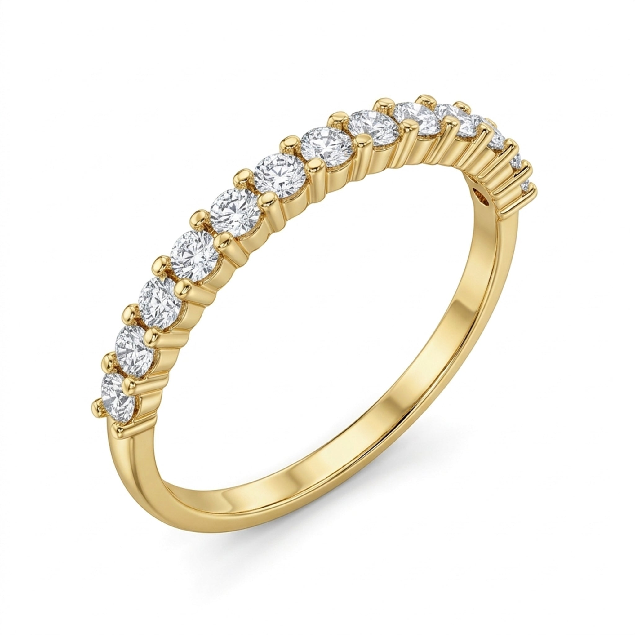Angled profile view of a Remas 18k yellow gold promise ring resting on a pure white background. Categorized under The Forever Edit, this elegant piece features a slender half-eternity band set with 13 brilliant stones.