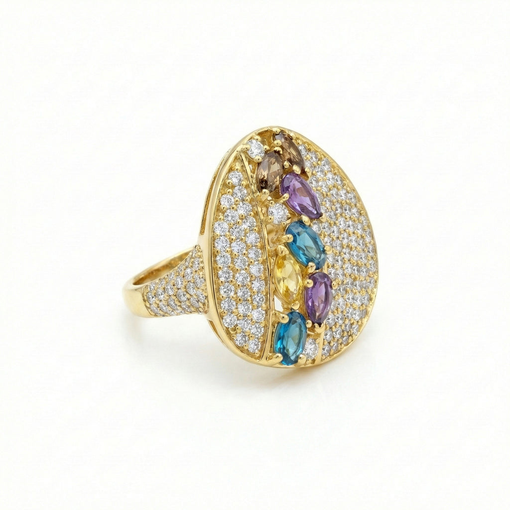Radiant 18K Yellow Gold Statement Ring with Multicolor Marquise Gems & Pave Accents