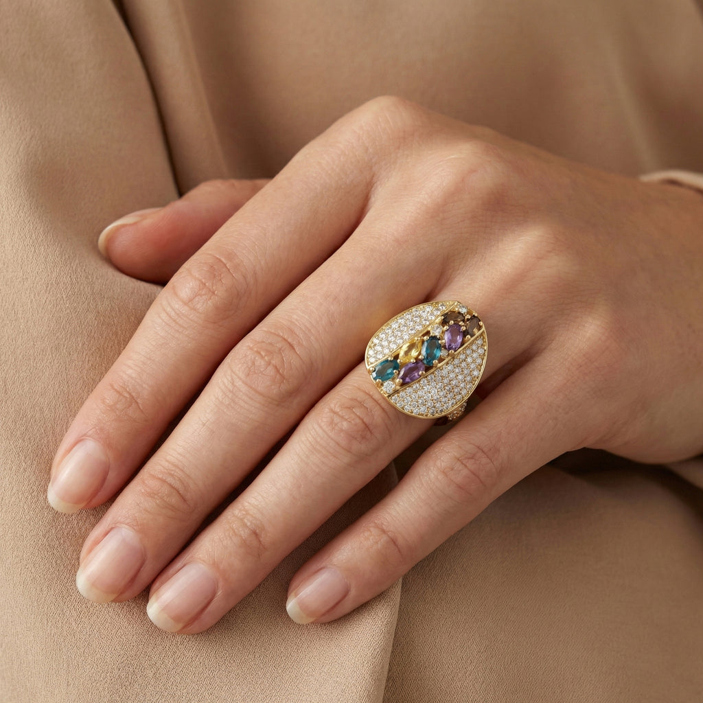 Radiant 18K Yellow Gold Statement Ring with Multicolor Marquise Gems & Pave Accents