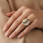 Radiant 18K Yellow Gold Statement Ring with Multicolor Marquise Gems & Pave Accents