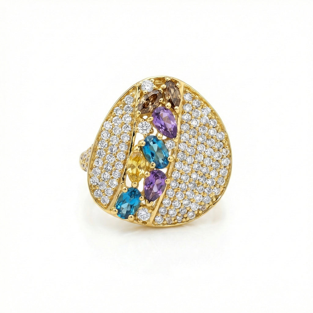 Radiant 18K Yellow Gold Statement Ring with Multicolor Marquise Gems & Pave Accents
