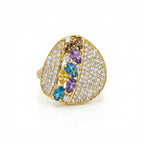 Radiant 18K Yellow Gold Statement Ring with Multicolor Marquise Gems & Pave Accents