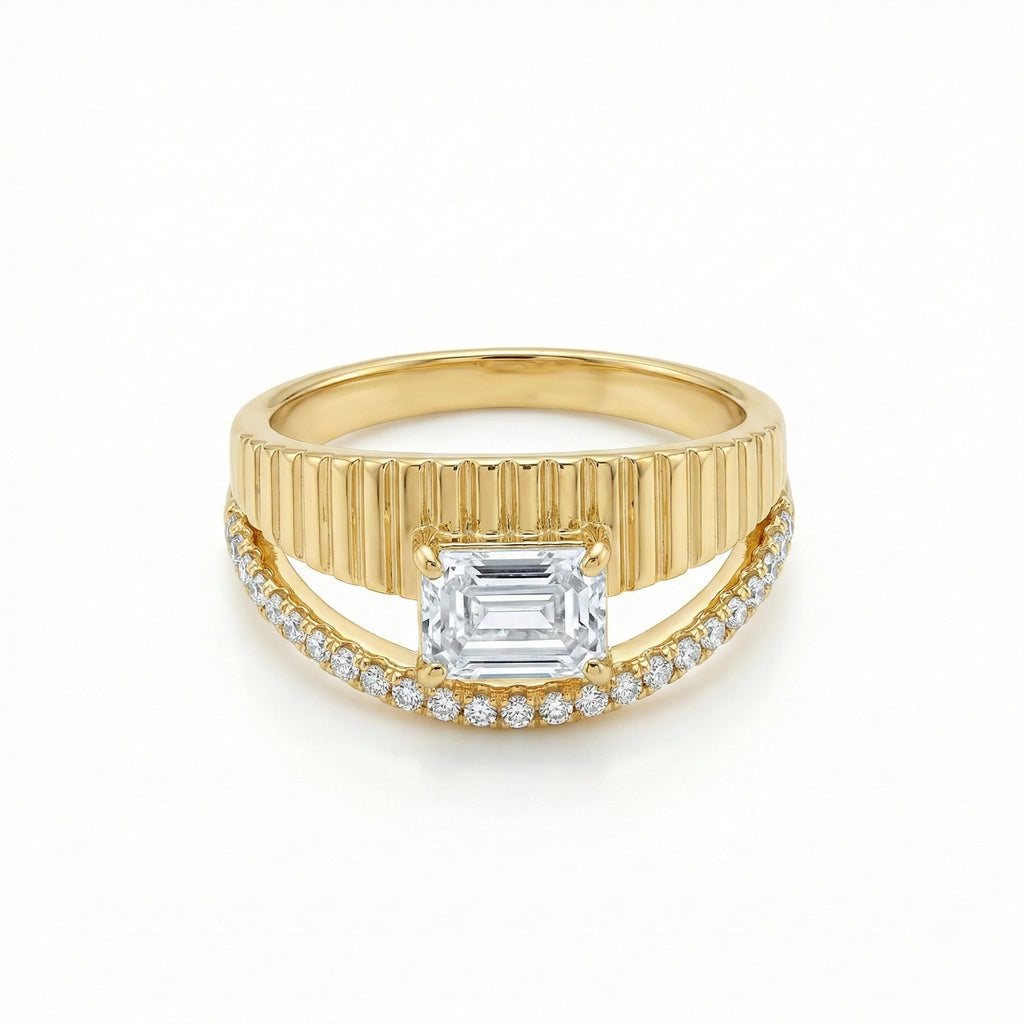 Radiant Emerald-Cut Split Shank Ring in Fluted 18K Yellow Gold