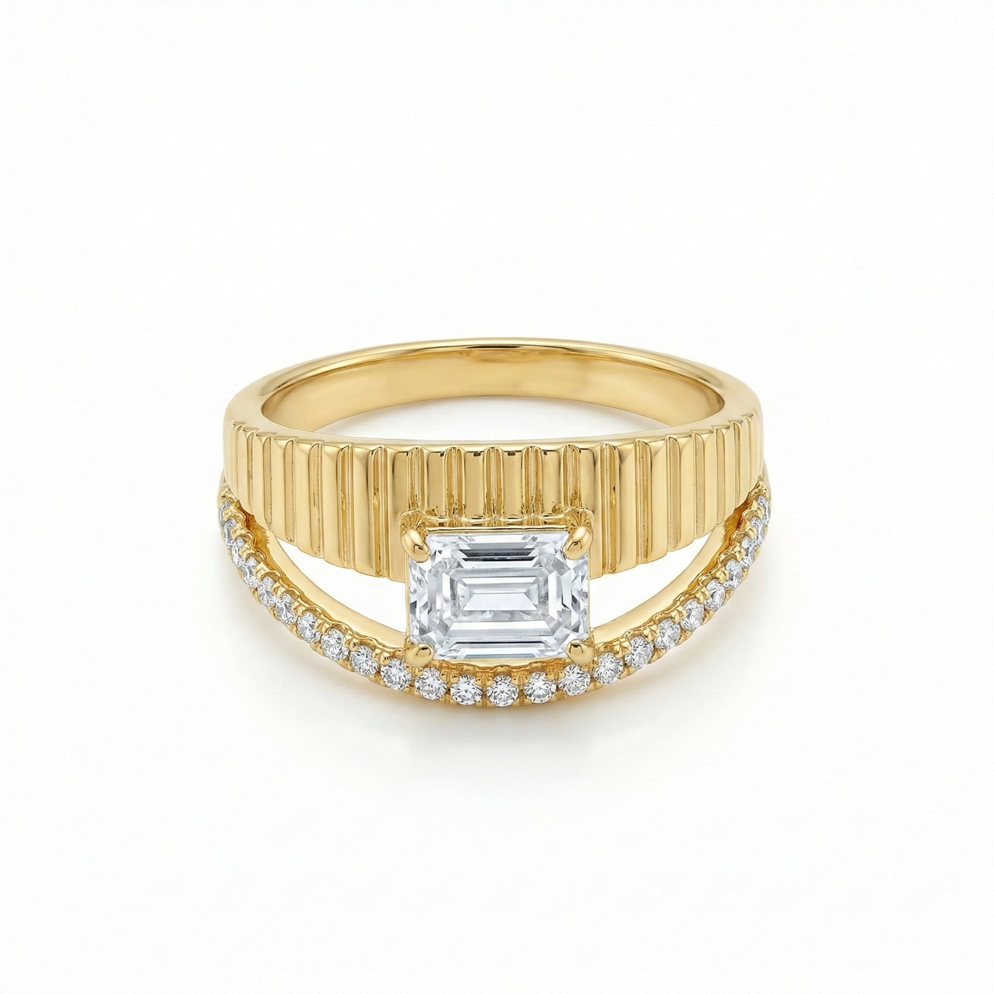 Radiant Emerald-Cut Split Shank Ring in Fluted 18K Yellow Gold