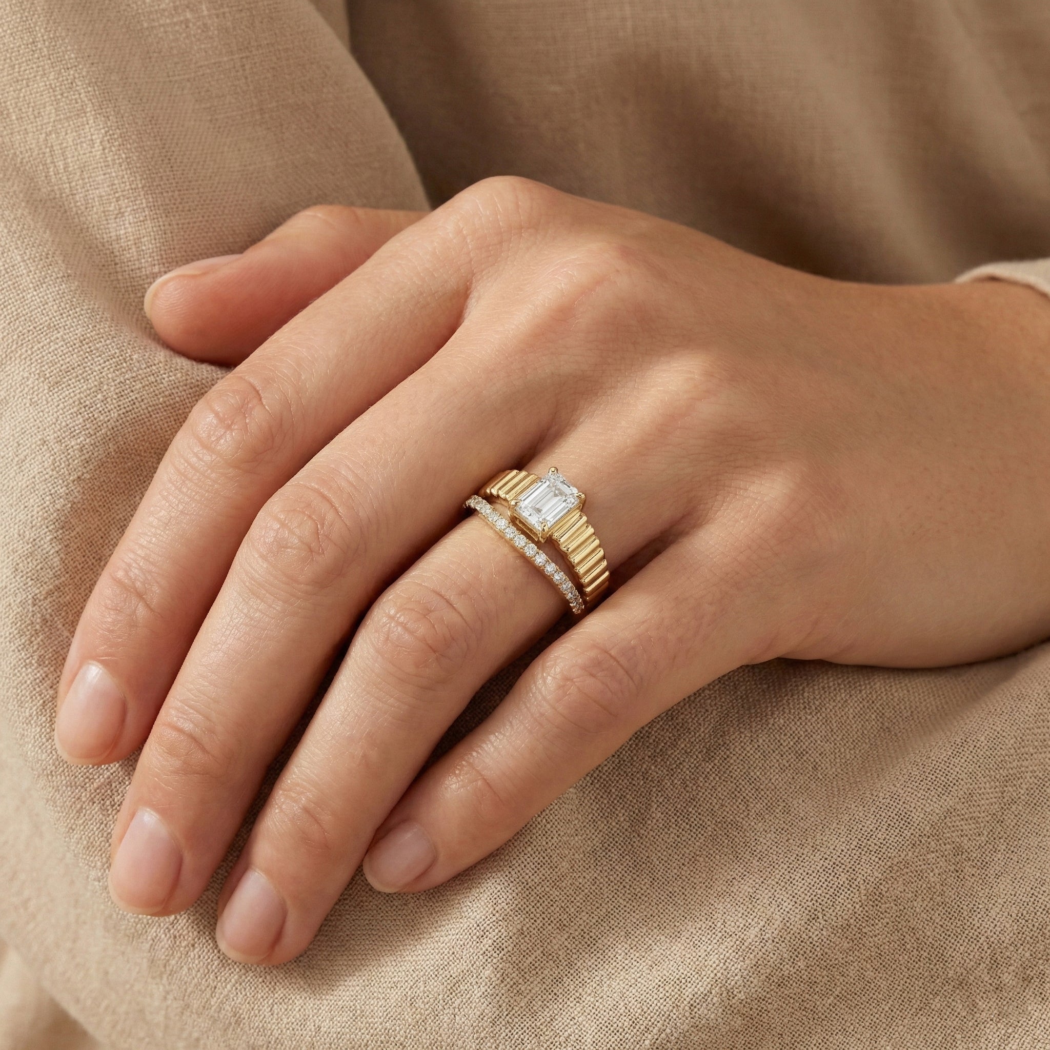 Radiant Emerald-Cut Split Shank Ring in Fluted 18K Yellow Gold