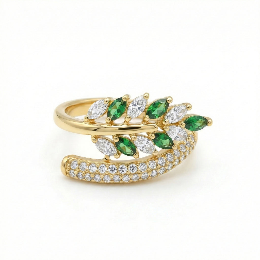 Botanical Leaf Wrap Ring with Emerald Green & Sparkle Accents 18K Yellow Gold