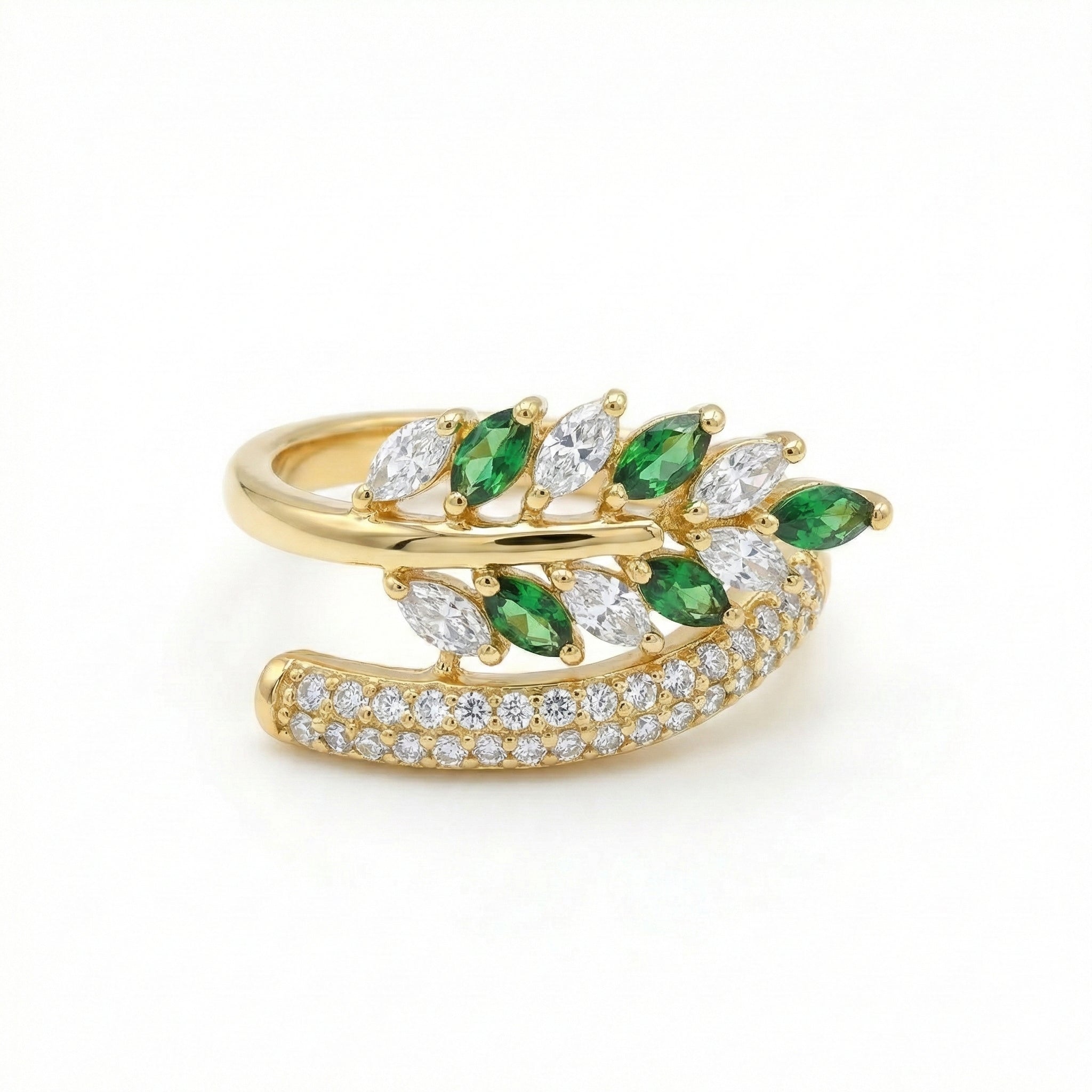 Botanical Leaf Wrap Ring with Emerald Green & Sparkle Accents 18K Yellow Gold