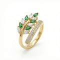 Botanical Leaf Wrap Ring with Emerald Green & Sparkle Accents 18K Yellow Gold