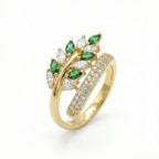 Botanical Leaf Wrap Ring with Emerald Green & Sparkle Accents 18K Yellow Gold