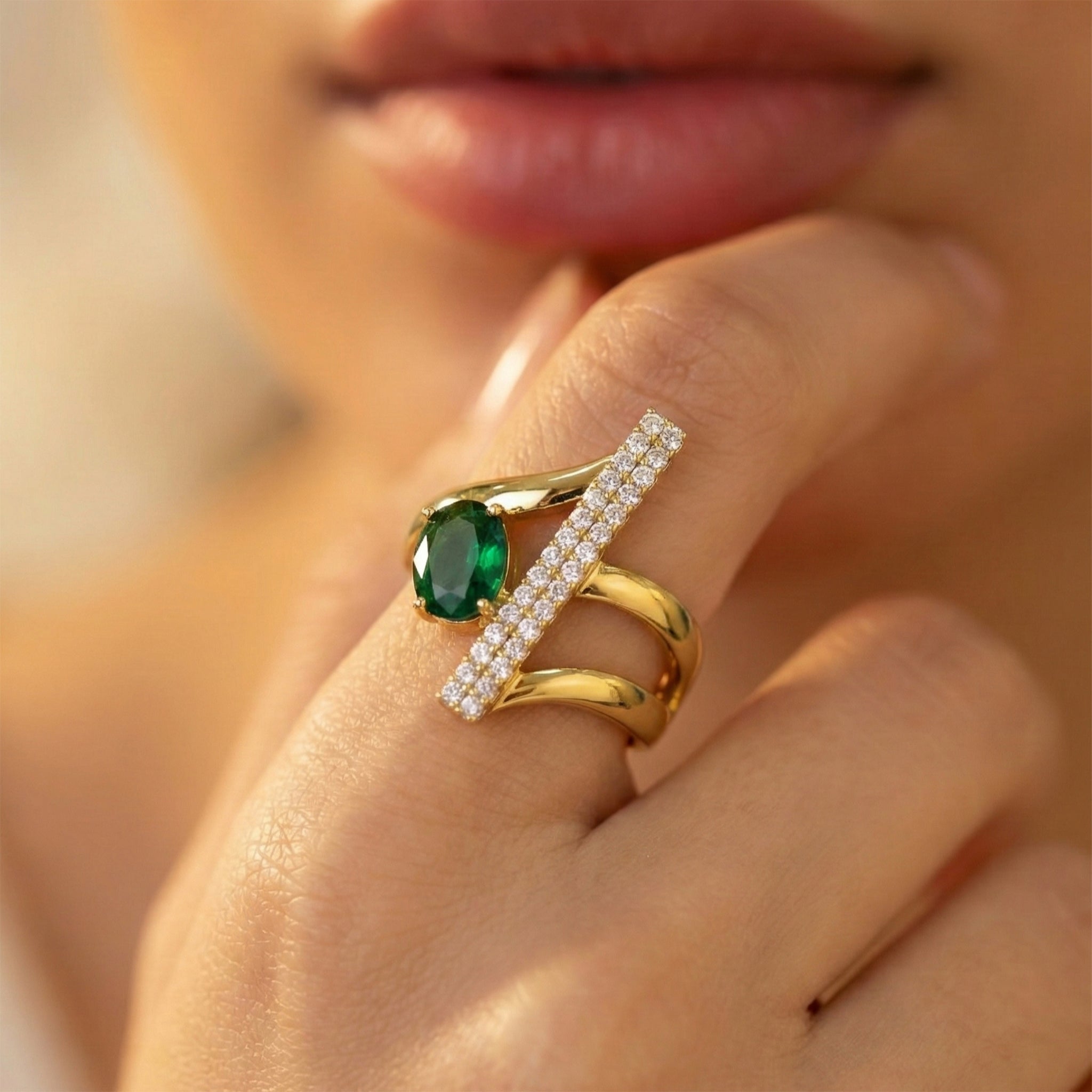 Modern 18K Yellow Gold Statement Ring with Oval Emerald Green Stone & Vertical Pave Bar