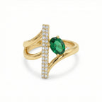 Modern 18K Yellow Gold Statement Ring with Oval Emerald Green Stone & Vertical Pave Bar