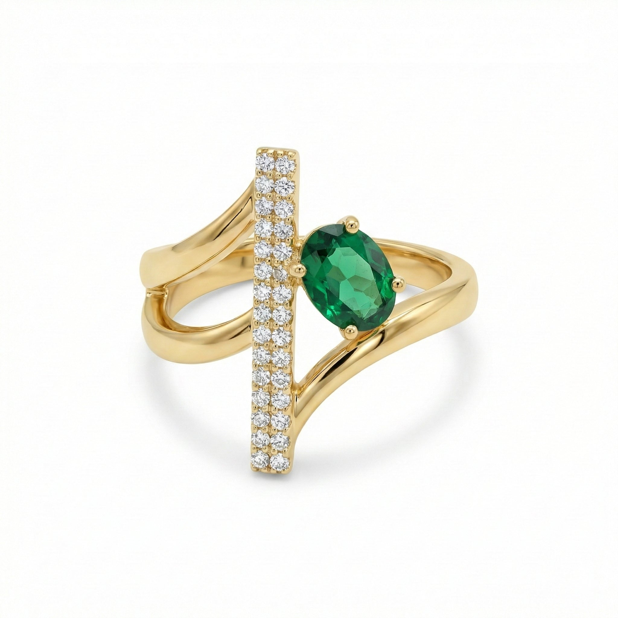Modern 18K Yellow Gold Statement Ring with Oval Emerald Green Stone & Vertical Pave Bar