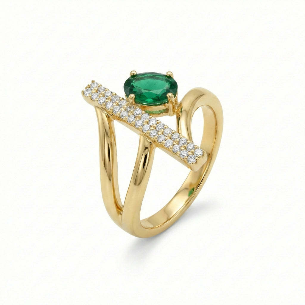 Modern 18K Yellow Gold Statement Ring with Oval Emerald Green Stone & Vertical Pave Bar