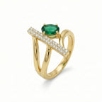 Modern 18K Yellow Gold Statement Ring with Oval Emerald Green Stone & Vertical Pave Bar