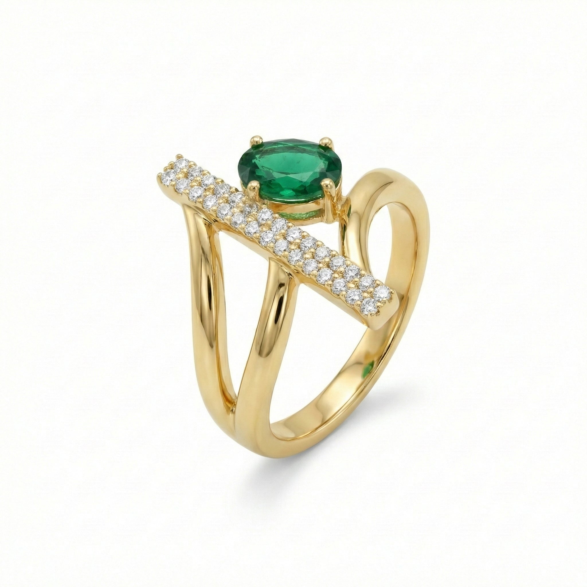 Modern 18K Yellow Gold Statement Ring with Oval Emerald Green Stone & Vertical Pave Bar