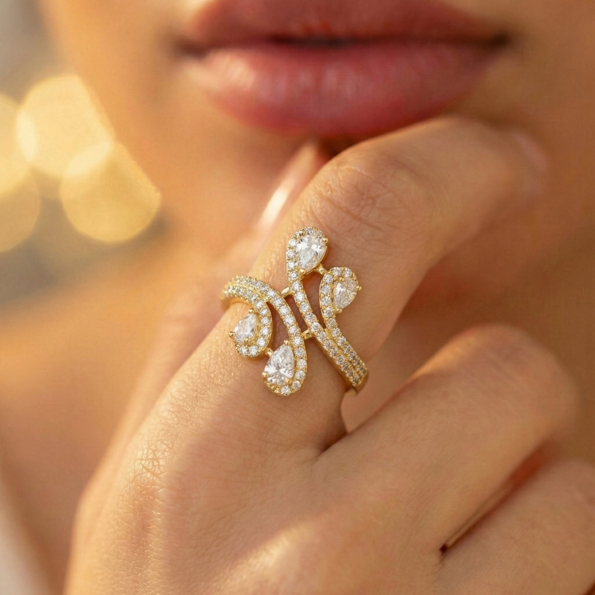 Pear and Pave Crossover Ring 18K Yellow Gold