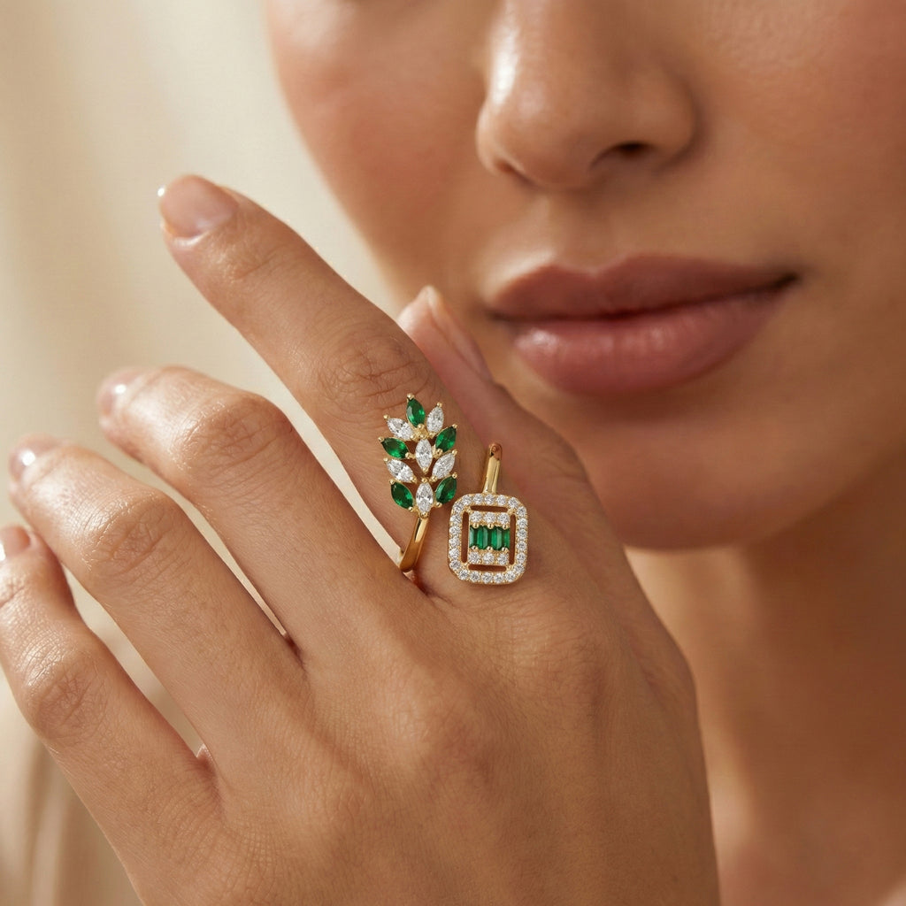 Open Wrap Ring - Emerald Green Marquise & Geometric Baguette Design 18K Yellow Gold