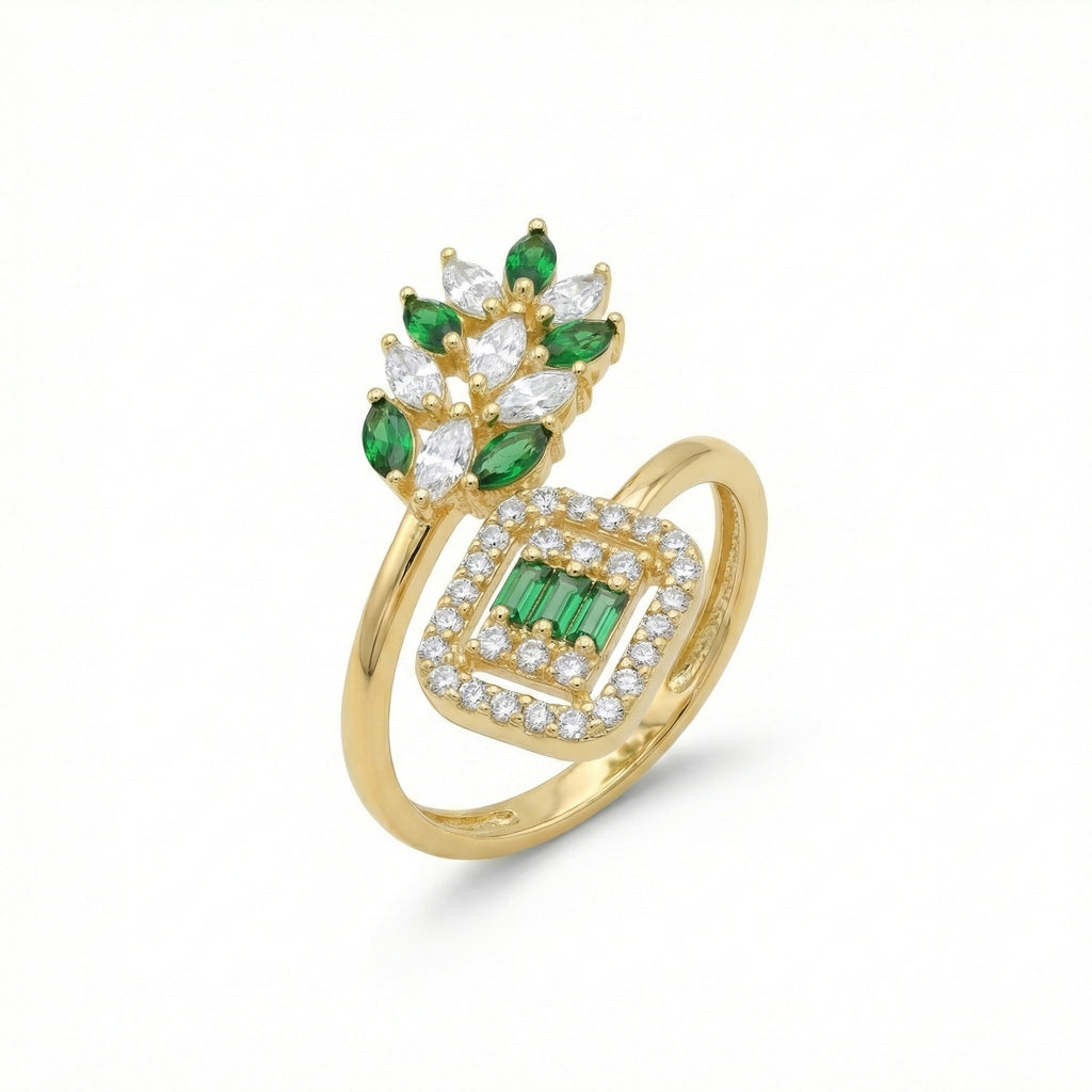 Open Wrap Ring - Emerald Green Marquise & Geometric Baguette Design 18K Yellow Gold