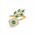 Open Wrap Ring - Emerald Green Marquise & Geometric Baguette Design 18K Yellow Gold