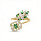 Open Wrap Ring - Emerald Green Marquise & Geometric Baguette Design 18K Yellow Gold