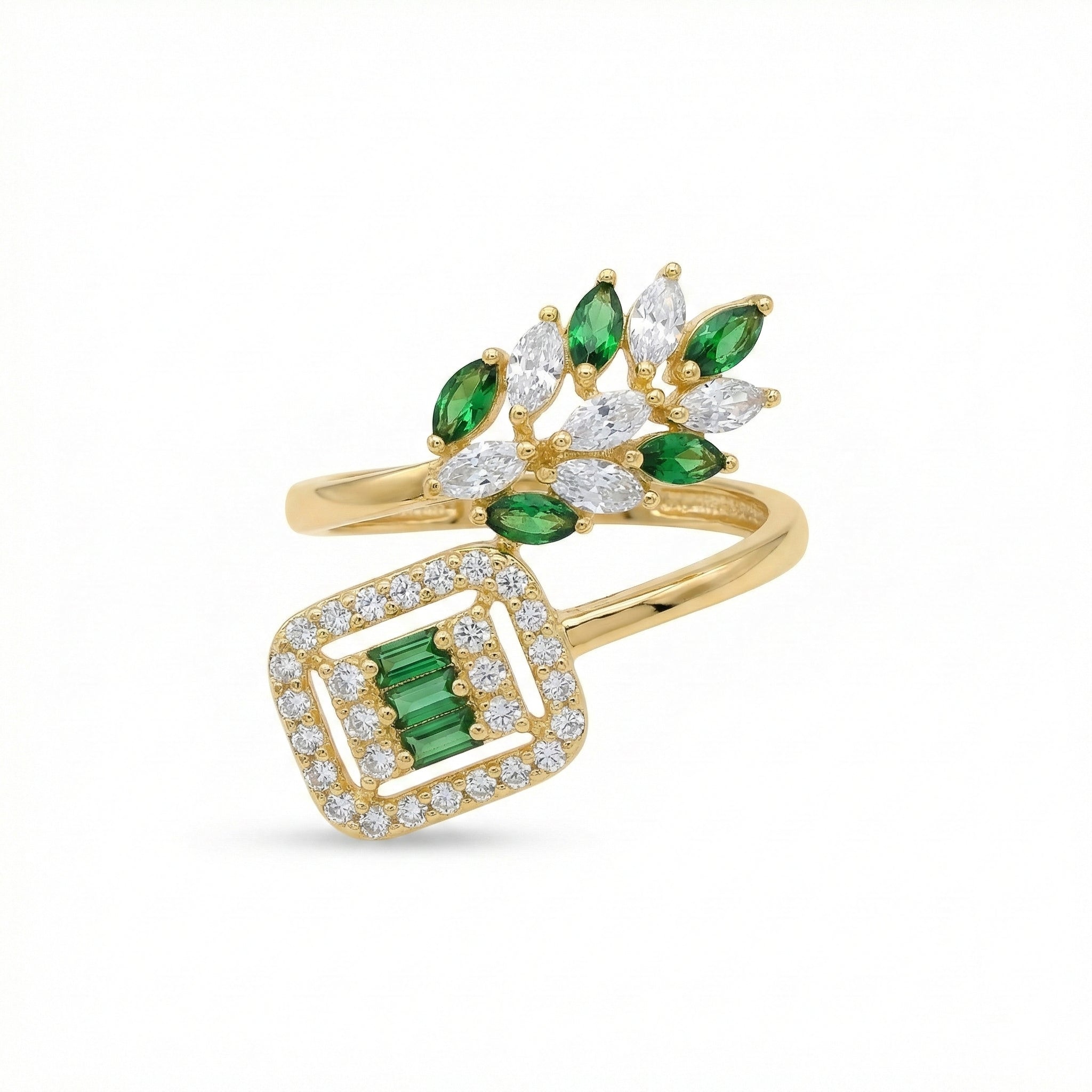 Open Wrap Ring - Emerald Green Marquise & Geometric Baguette Design 18K Yellow Gold