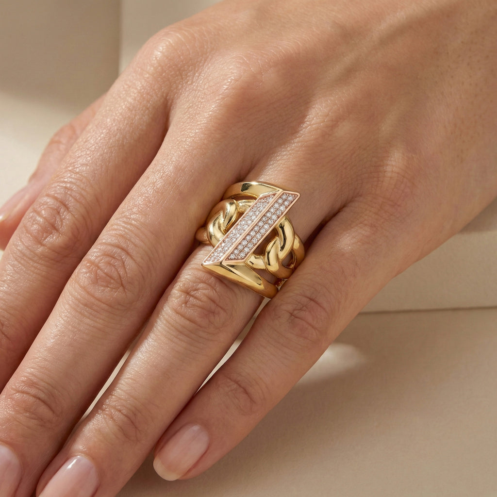 Geometric Chain-Link Gold Ring with Rose Gold Pave Detail 18K Yellow Gold