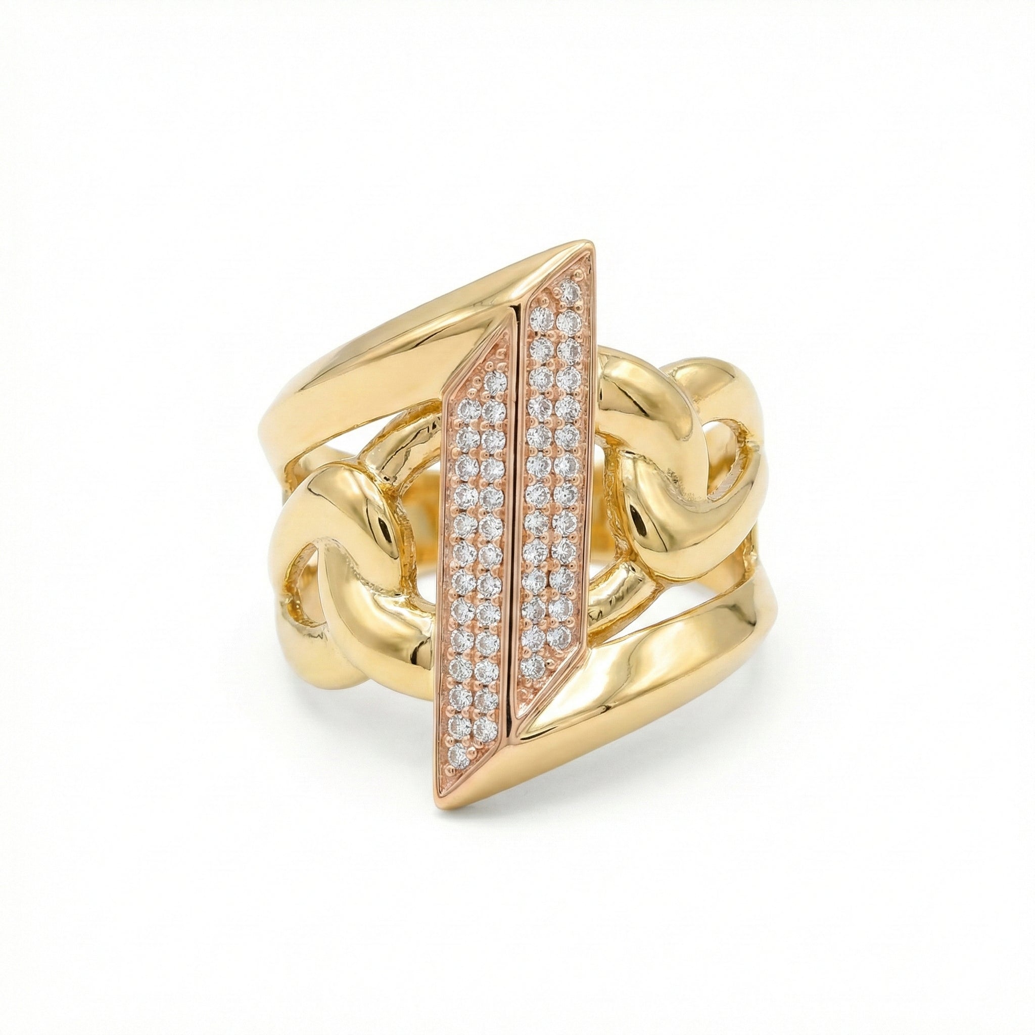 Geometric Chain-Link Gold Ring with Rose Gold Pave Detail 18K Yellow Gold